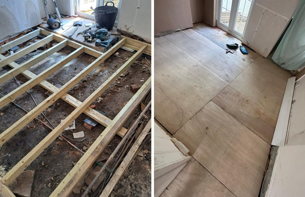 new treated timber floor with ply board cover